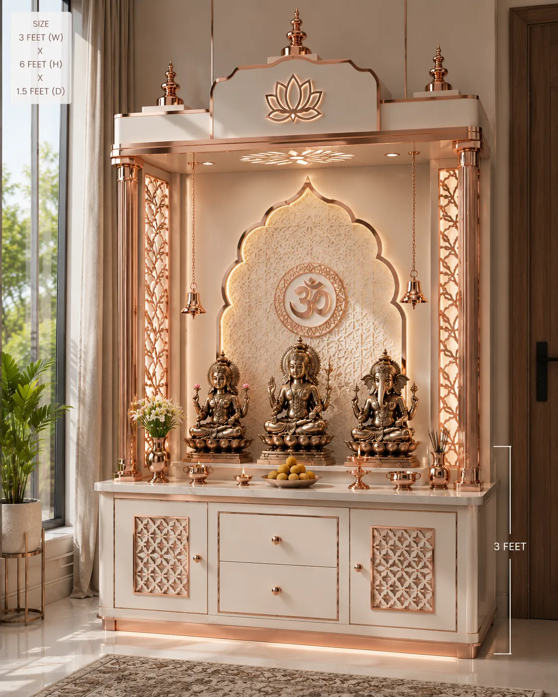 Home mandir in a rose-gold PVD finish with illuminated lattice columns; the image carries a size callout of 3 feet wide by 6 feet high by 1.5 feet deep