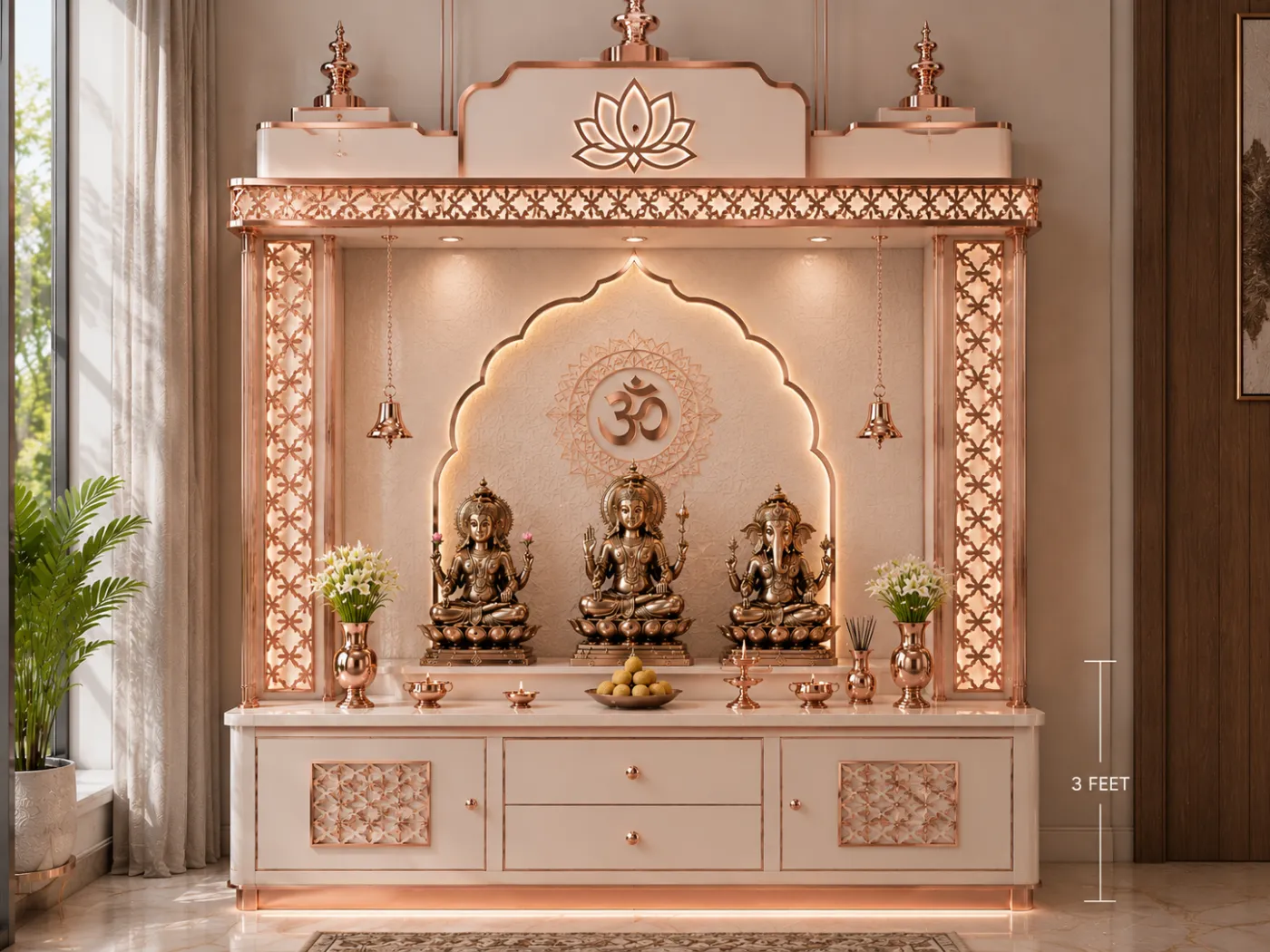 Home mandir in a rose-gold PVD finish with a lotus crest and illuminated lattice columns; the image carries a 3 feet height callout