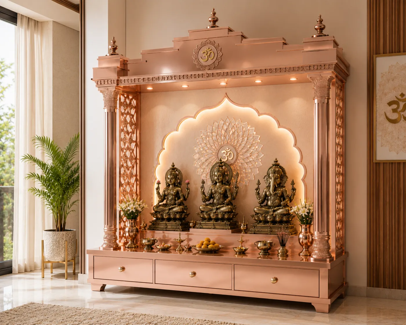 Home mandir in a rose-gold PVD finish with laser-cut lattice panels and a carved Om crest