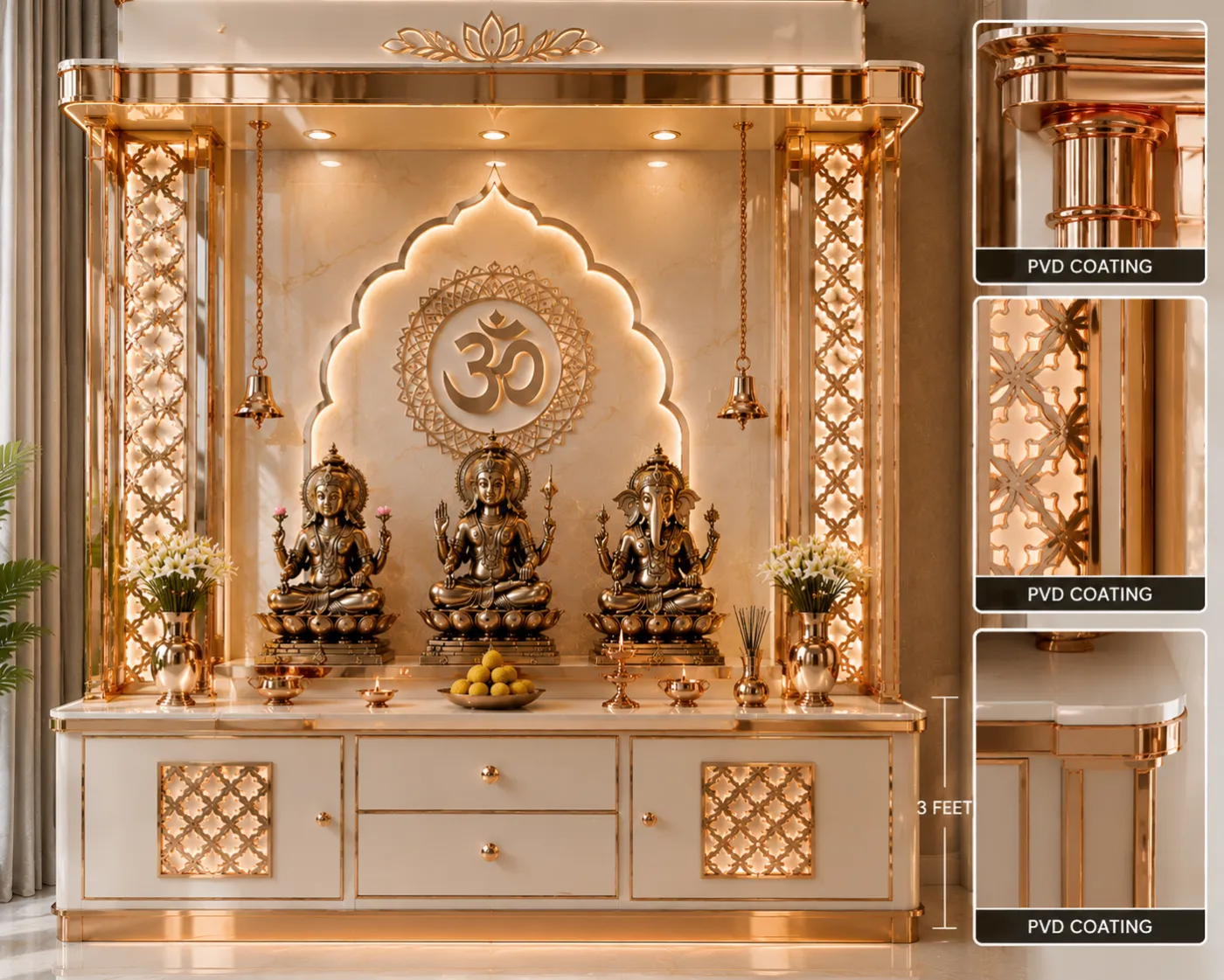 Home mandir in a rose-gold PVD finish with illuminated lattice columns and hanging bells